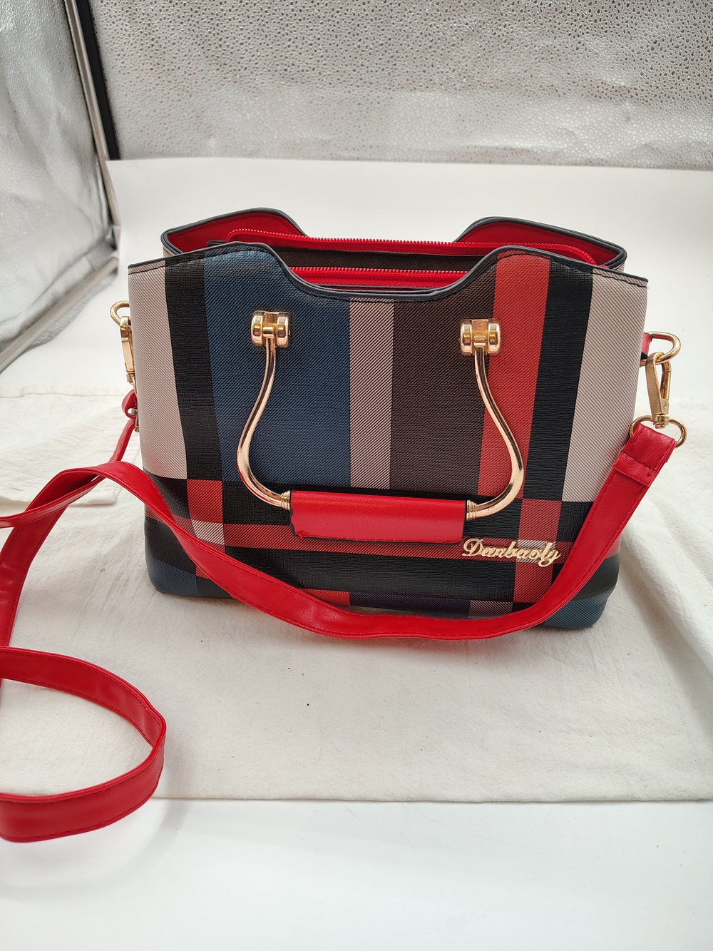 Striped Plaid Shoulder Bag with Red Accents